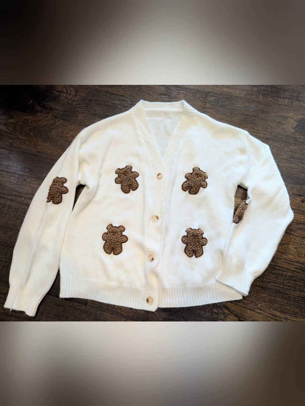 SHEIN White Knit Cardigan with Brown Teddy Patches